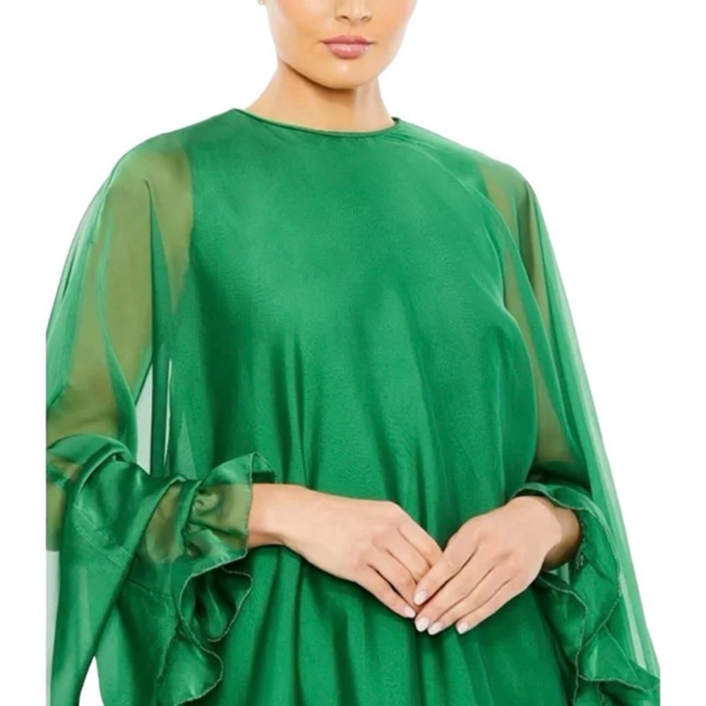 NWT Ieena Mac Duggal High Neck Ruffle Hem Cape Mini Dress in Deep Green Size 12 - Picture 2 of 7